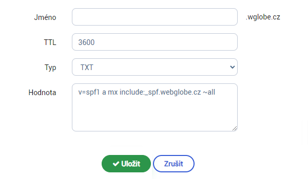 Tvorba SPF záznamu ve Webglobe Admin