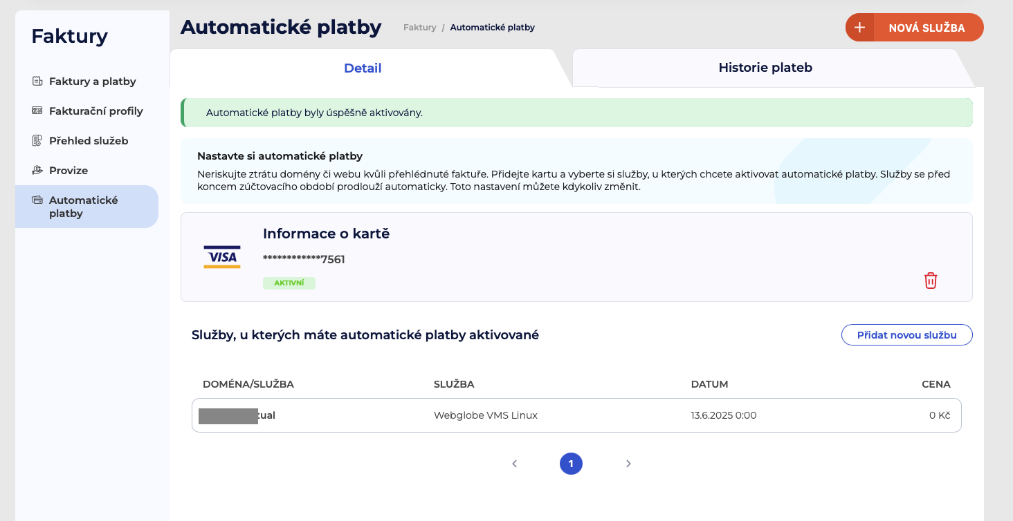 Aktivace automatických plateb v administraci Webglobe. 