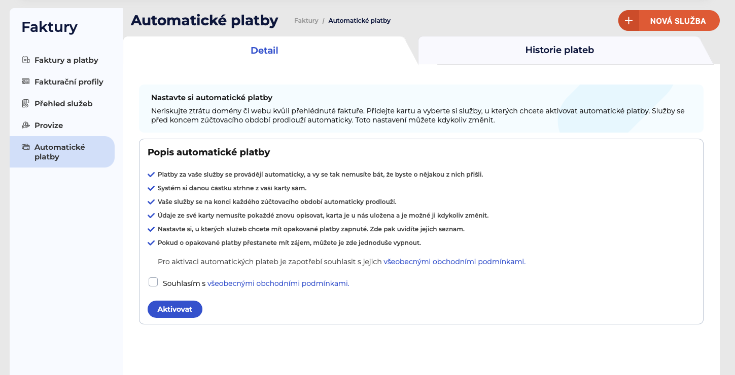 Automatické platby při objednávce služeb u Webglobe